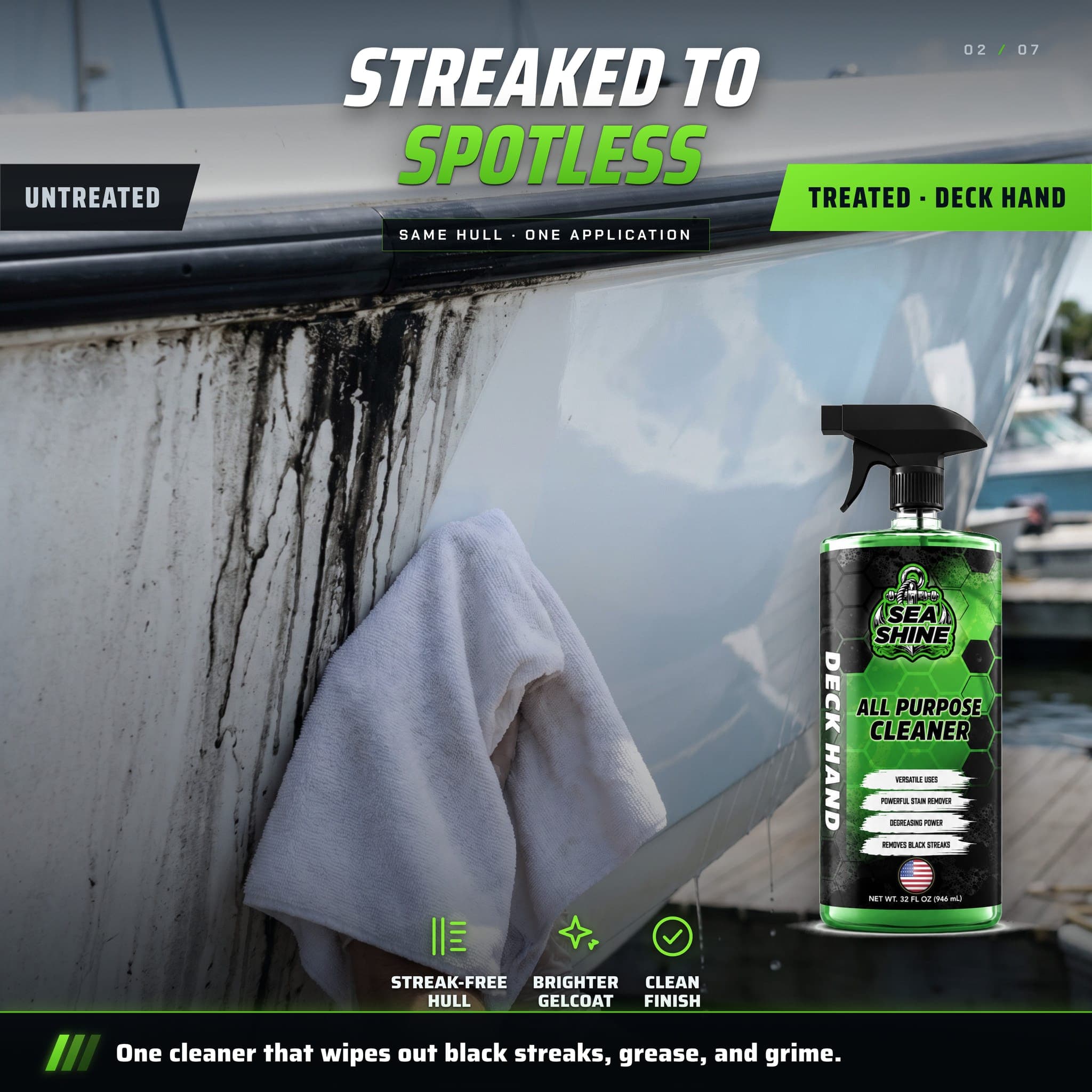 Black streaks and grime lifted: a boat surface before and after Deck Hand