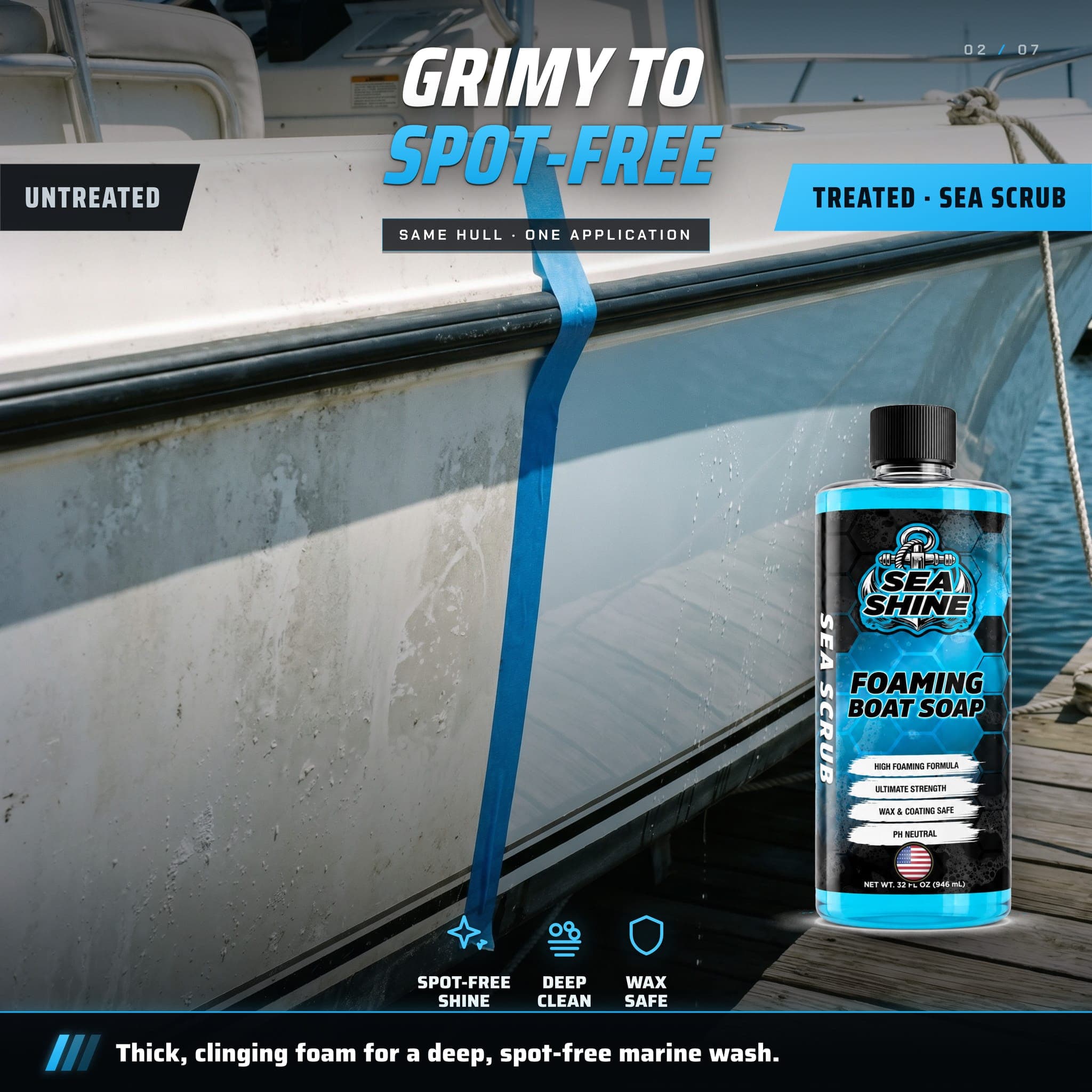 Grimy to spot-free: a boat hull before and after a Sea Scrub wash