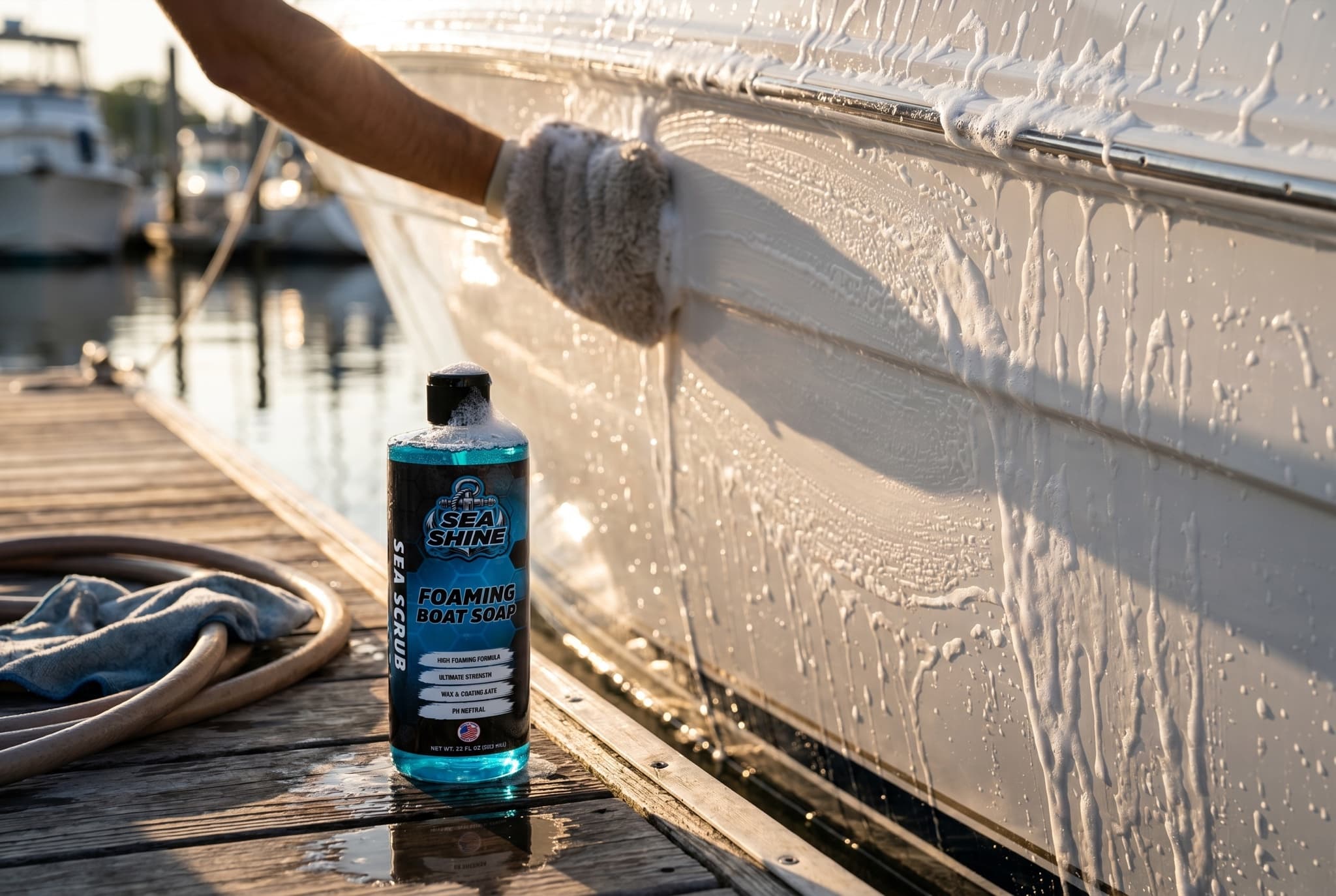 Hand-washing a boat hull with a wash mitt, Sea Scrub bottle on the dock at golden hour