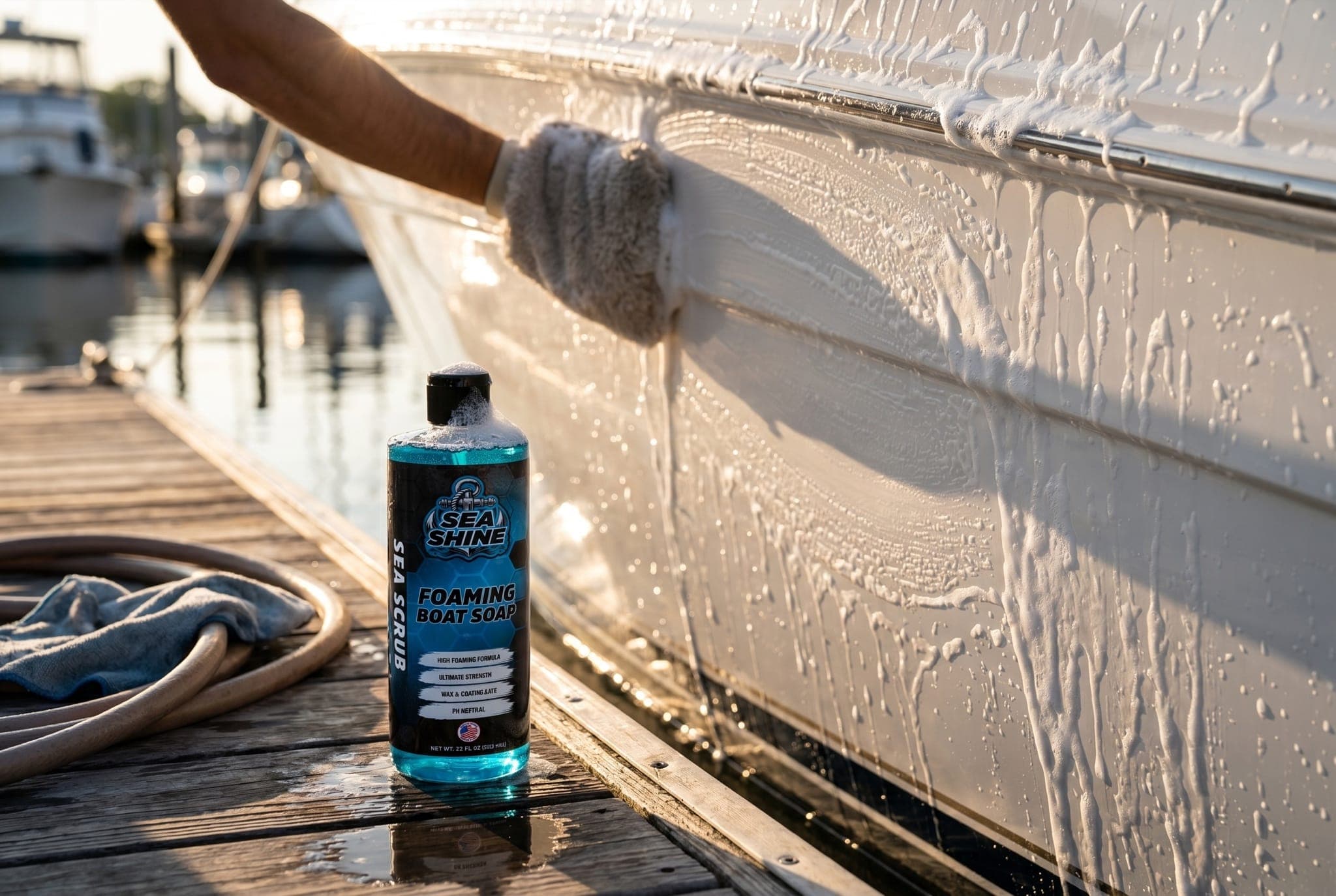 Hand-drying a boat's bow with a microfiber towel at the dock