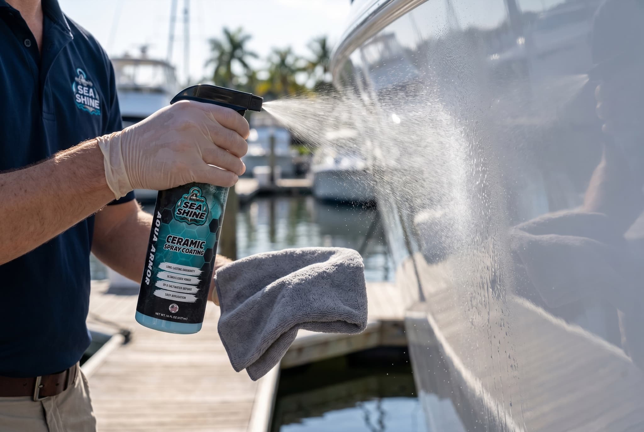 Applying ceramic spray coating to a glossy boat hull