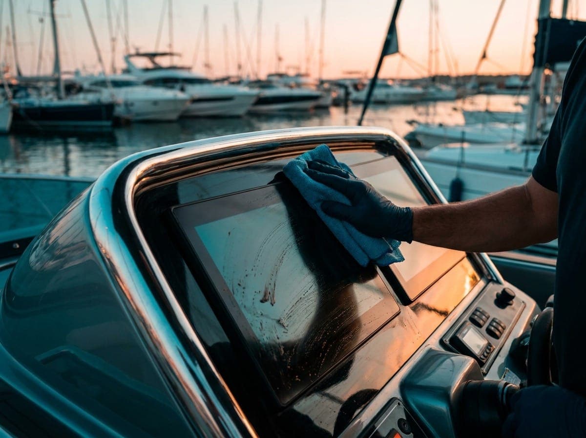 Wiping down a boat's helm with a microfiber towel at sunset