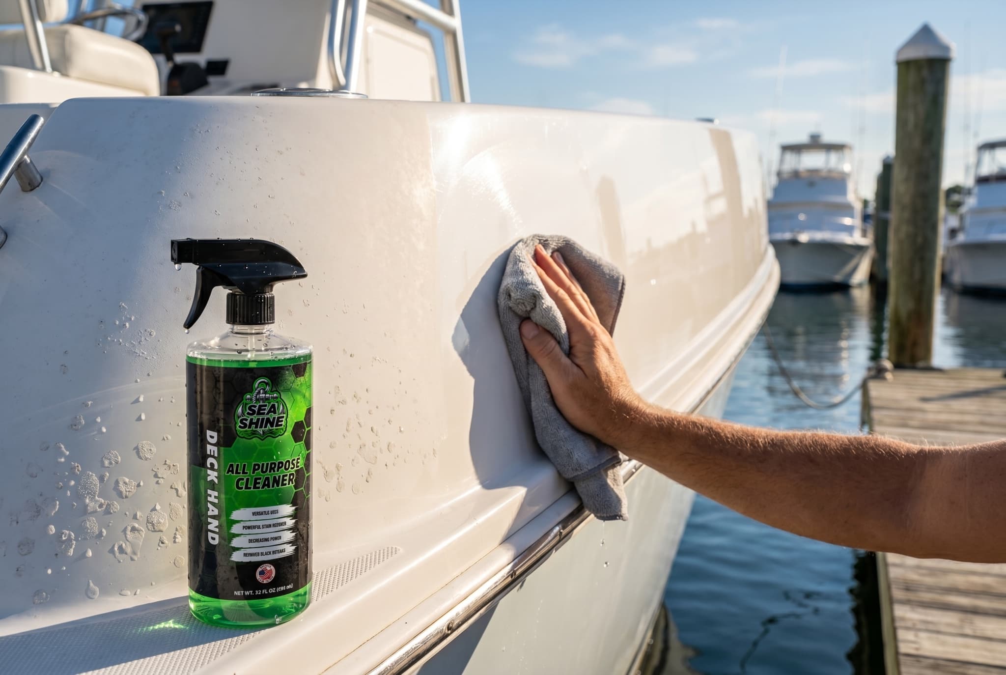 Hard-water spots on a boat being wiped away
