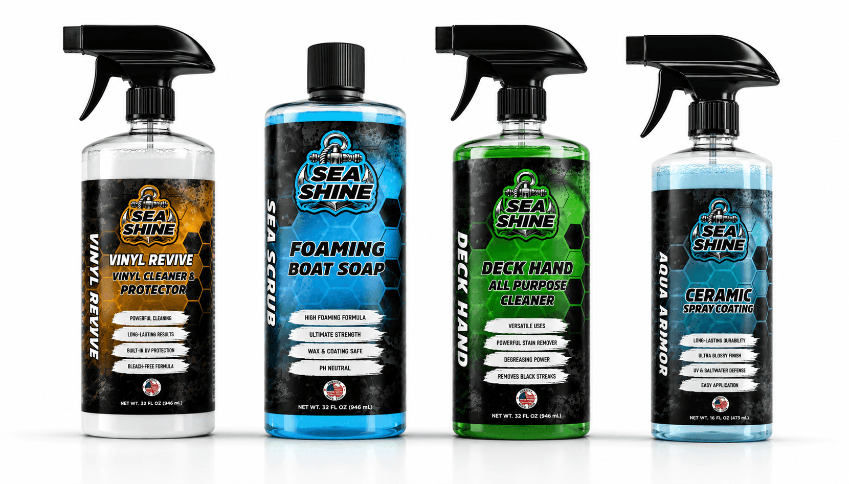 The Sea Shine lineup — Sea Scrub, Vinyl Revive, Aqua Armor, and Deck Hand bottles